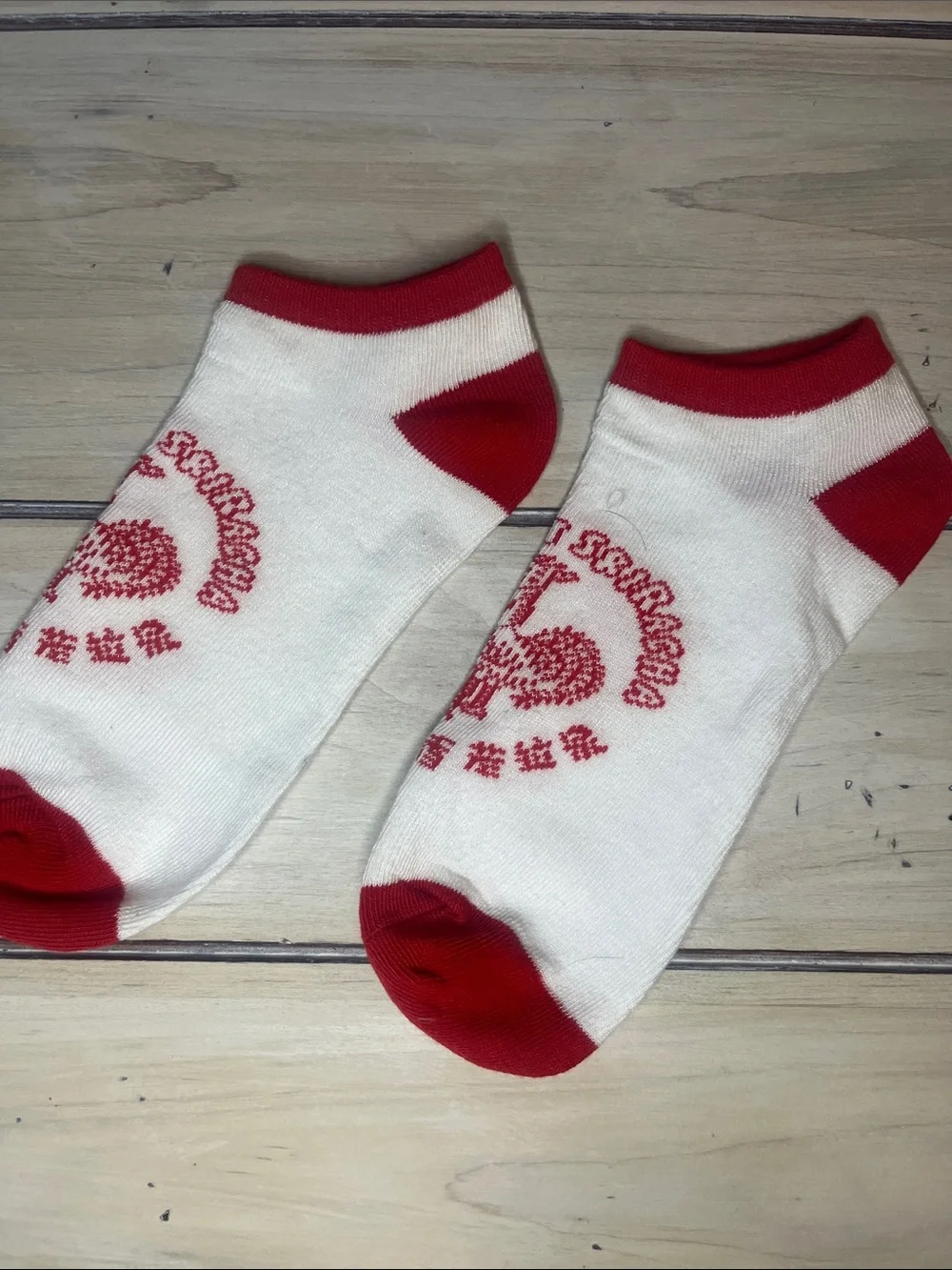 No-Show Srirachi Socks with Red Accents and Rooster Logo